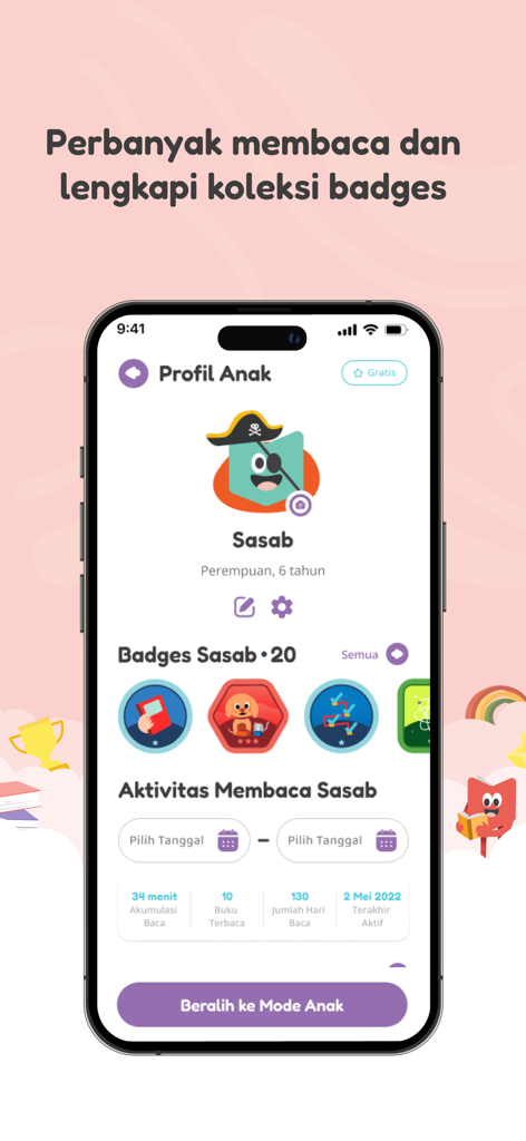 BukuAku - BukuAku child profile dashboard displaying reading activity statistics and earned achievement badges