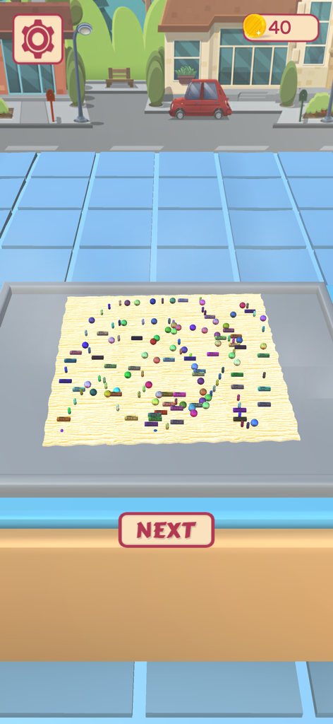 Pantalla de juego de Ice Cream Rolls ASMR Maker mostrando toppings coloridos sobre una base de postre helado