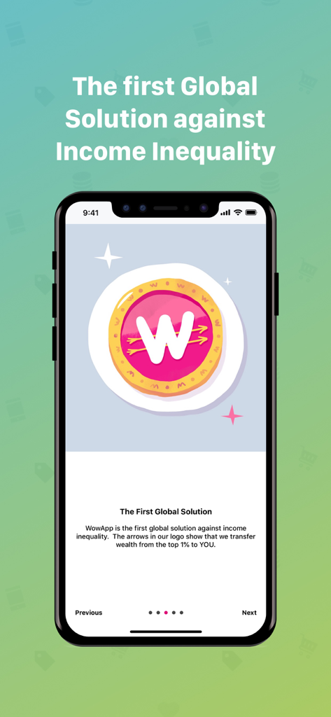 Una pantalla móvil de WowApp que muestra un mensaje sobre ser la primera solución global contra la desigualdad de ingresos.