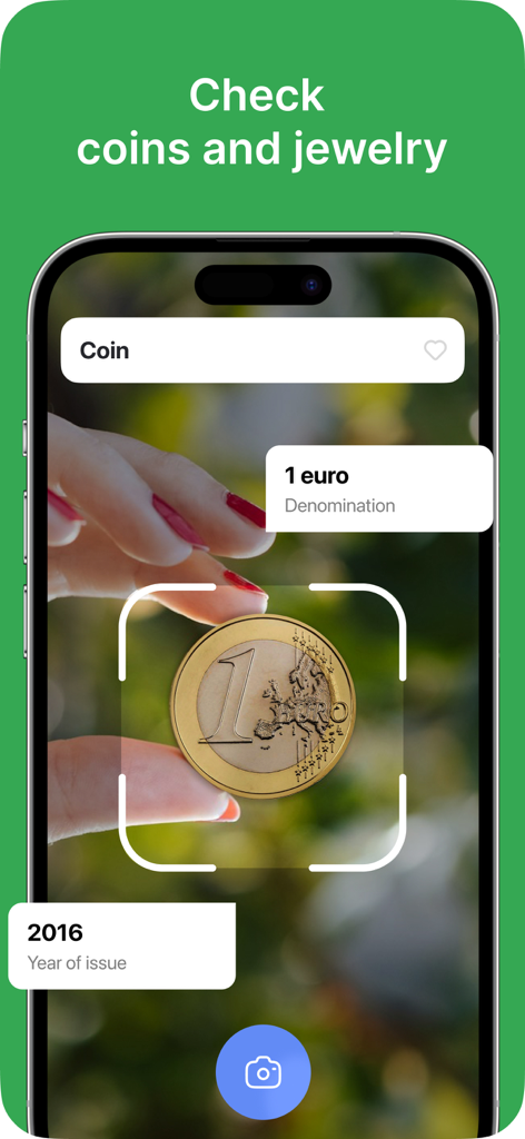 Lens Photo Scan app interface identifying a one euro coin with denomination and year of issue information