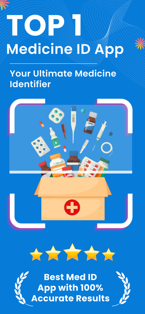 Pill Identifier: Drug Med ID - Screenshot of the Pill Identifier app featuring a medical supply scan graphic and five-star rating.