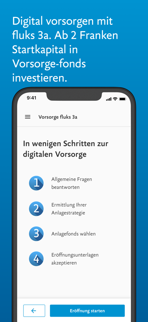 LUKB E-Banking app screen showing steps for digital pension provision setup with fluks 3a
