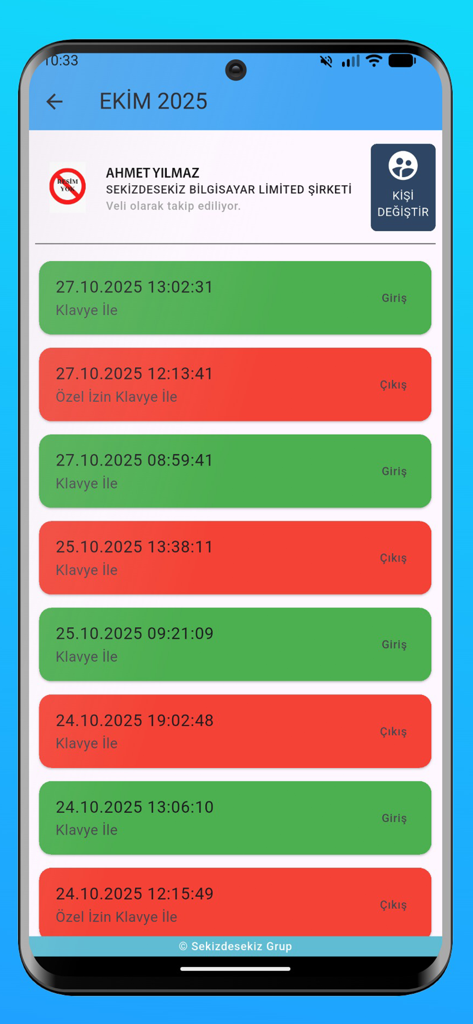 Okul Güvenliği - Mobile app interface showing a chronological list of school entry and exit records with color coded timestamps