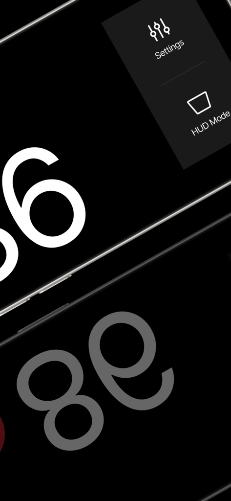 NordHUD - Heads-Up Display - Minimalist dashboard of the NordHUD app showing speed and menu icons for settings and HUD mode.