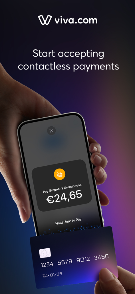viva.com Terminal - A hand holding an iPhone using the viva.com Terminal app to accept a contactless card payment for a small business