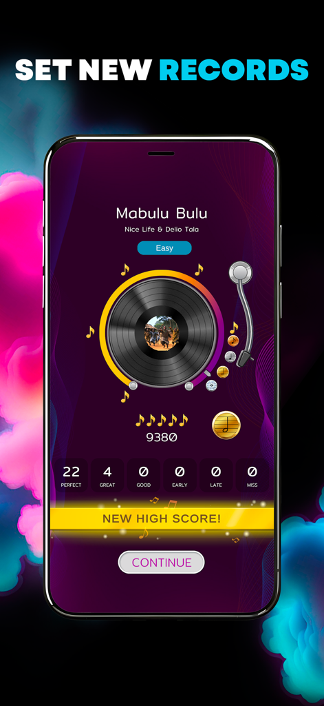 Musicality Beats - Interface do aplicativo Musicality Beats mostrando uma tela de nova pontuação alta com estatísticas de desempenho e um gráfico de disco de vinil.