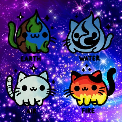 4 cats that represent the different elements, earth, water, air, and fire