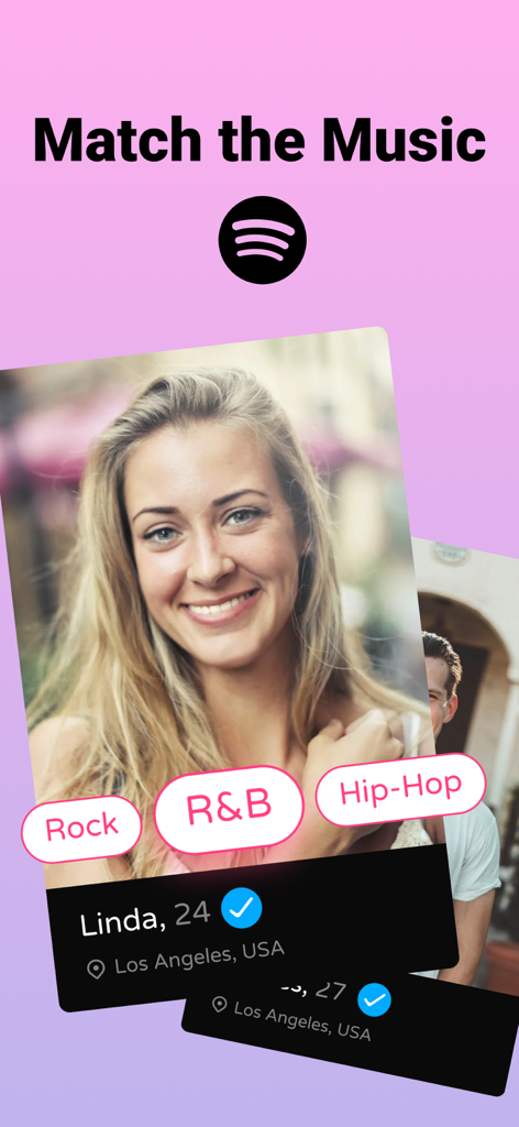 Meet Music: Dating for Spotify - Meet Music dating app interface showing a user profile with music genre tags like Rock and R&B