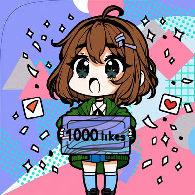 a chibi girl with a shocked expression with a sign that says "1000 likes" with confetti around her