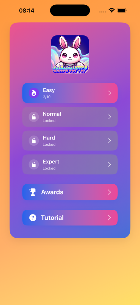 귀여운 토끼 마스코트와 함께 쉬움에서 전문가까지 난이도 티어를 보여주는 Logic Candy 앱의 메인 메뉴