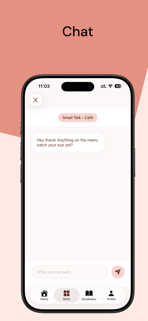 Toky: AI Communication Coach - Pantalla de chat de la app Toky IA mostrando una conversación simulada para charla trivial en un escenario de cafetería