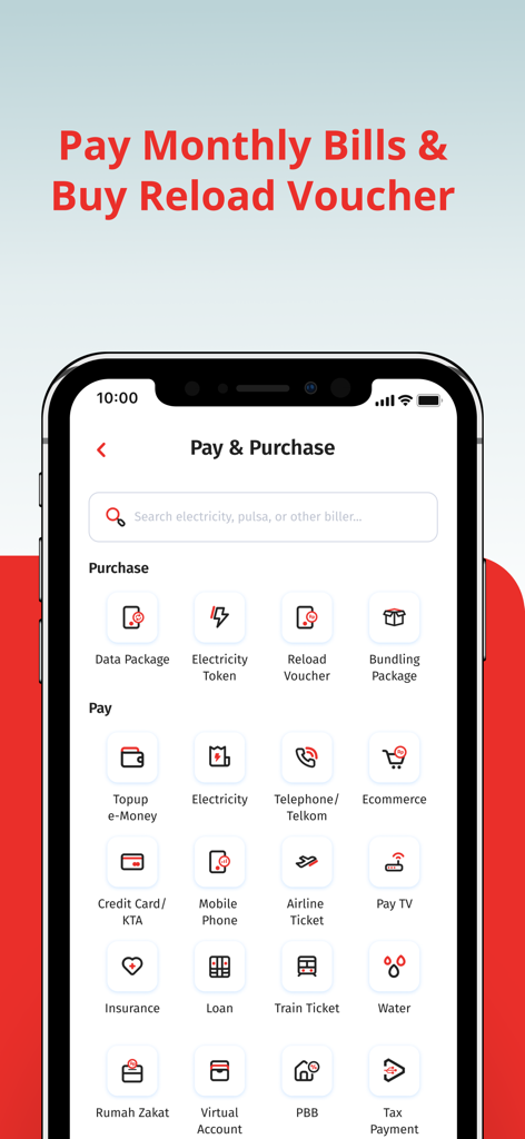 Écran Paiement et Achat d'OCBC mobile Indonésie affichant les options pour les factures mensuelles et les bons de recharge