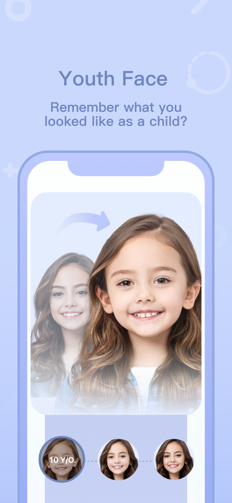 Life Key app interface showing the Youth Face AI filter predicting a childhood appearance from an adult photo.