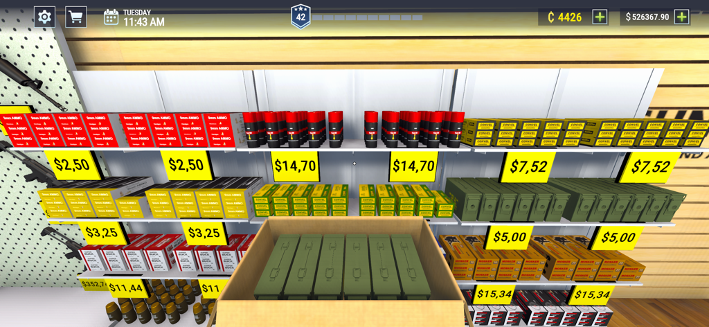 Gun Shop Simulator 3D Shooting - Ammunition inventory on shelves with prices in the Gun Shop Simulator game