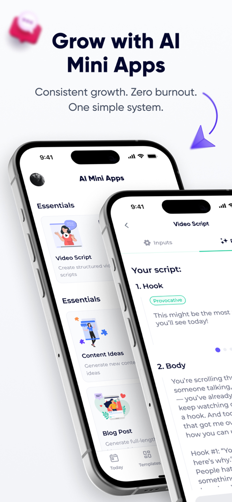 SMMHUB: Growth Marketing Tool - SMMHUB app screens showing AI marketing tools for video scripts and social media content ideas.