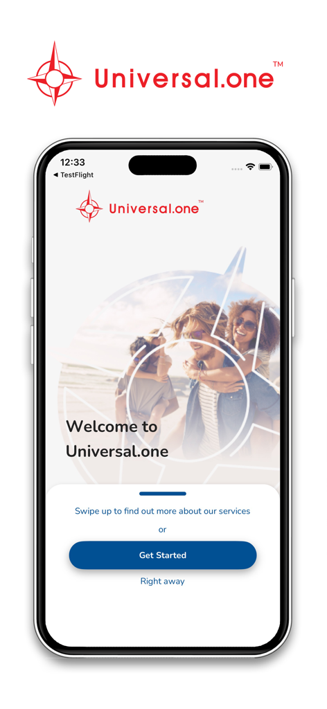 Universal.one - Welcome screen of the Universal.one wellness app with a Get Started button and happy couple background
