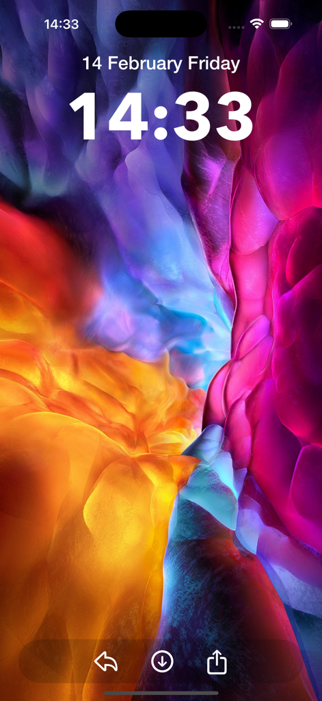 Walpium: Live Wallpapers 4K HD - 流れるような紫、ピンク、オレンジの色合いを持つ鮮やかな4K抽象壁紙を特徴とするiPhoneロック画面プレビュー。