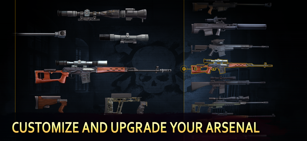 Sniper Arena: Killzone Shooter - Sniper Arena에서 무기고를 커스터마이징하고 업그레이드할 수 있는 다양한 저격 소총과 부품을 보여주는 화면