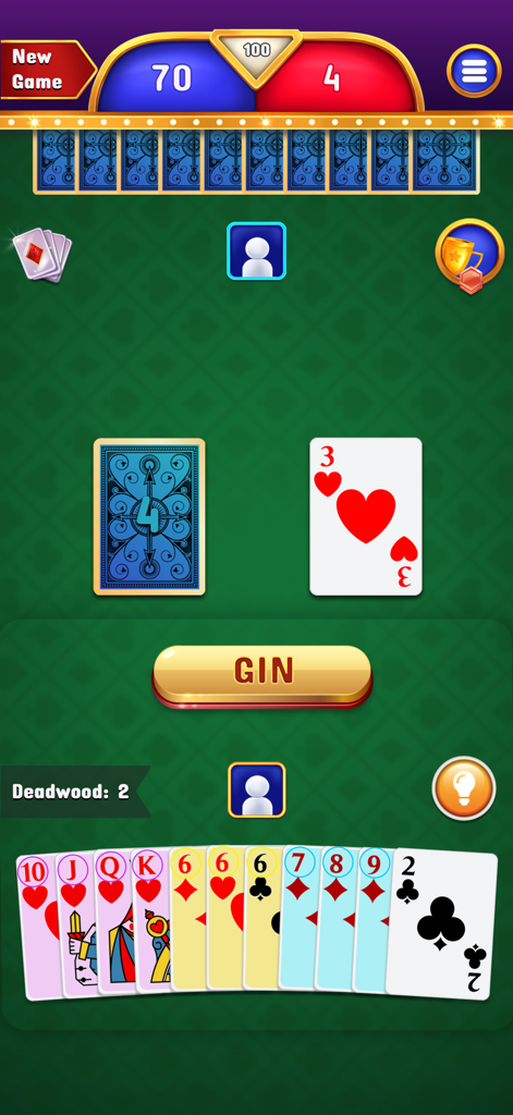 Gin Rummy - Classic Cards Game - Jugabilidad del juego móvil Gin Rummy que muestra una mano de cartas con conjuntos y secuencias, y un prominente botón dorado de Gin sobre un fondo verde.