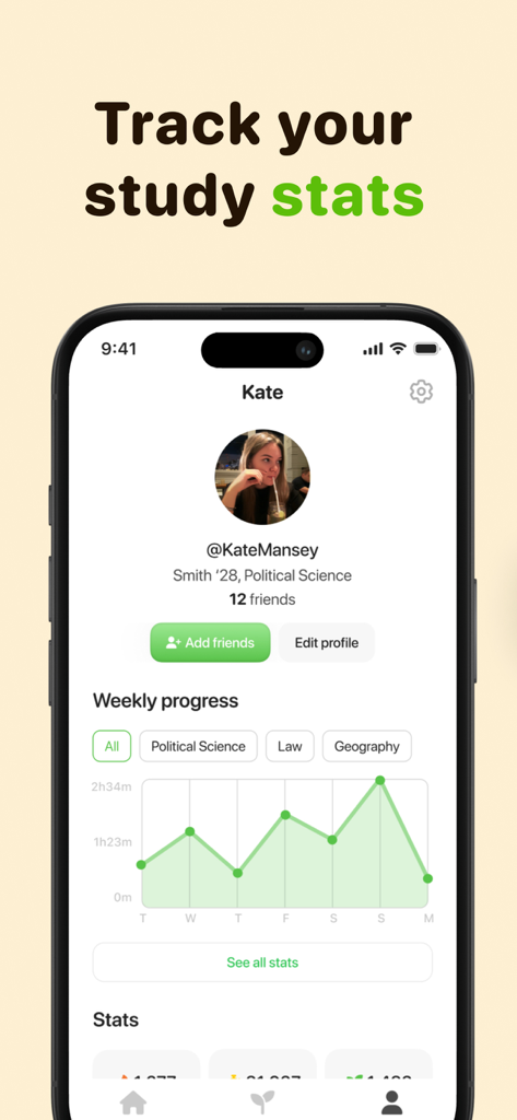 Focus Tree: Timer & Flashcards - User profile in Focus Tree app showing weekly study progress graph and academic statistics