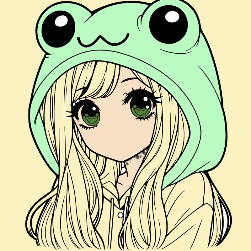 a pretty girl wearing a frog hoodie portrait with long hair