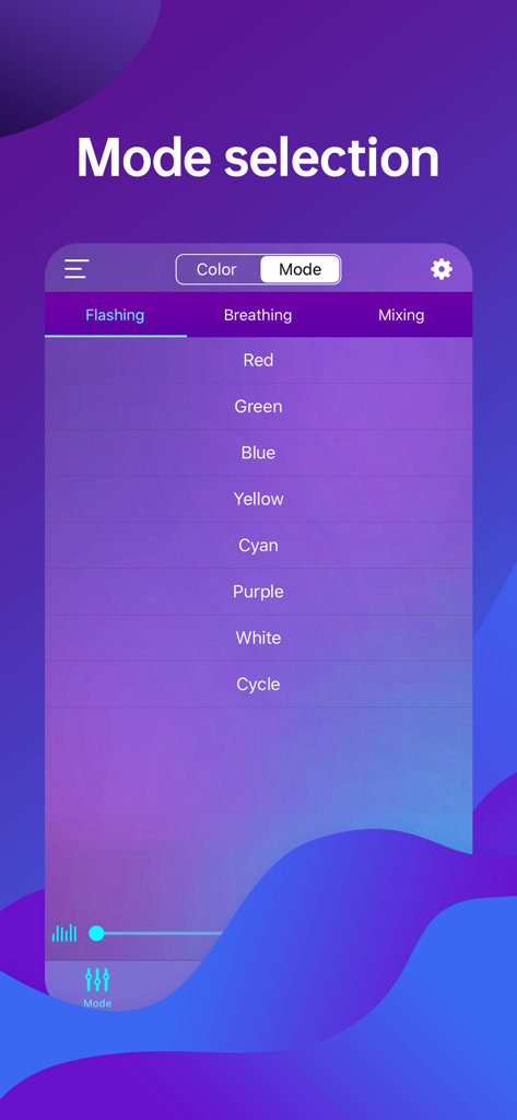 MagicStrip app interface showing mode selection for LED light effects like flashing and breathing.