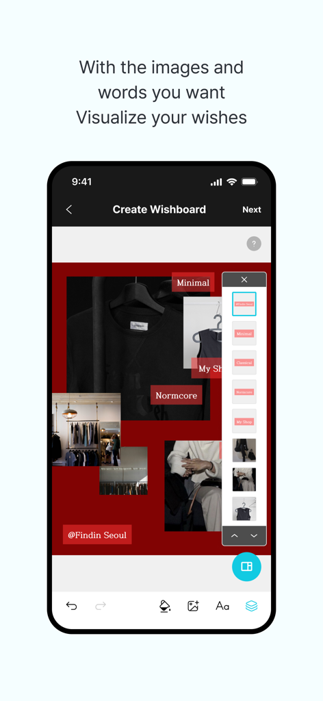 Wishmon - Interface do aplicativo Wishmon mostrando a criação de um quadro de visualização digital com fotos estéticas e tags de texto.