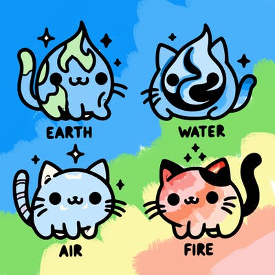 4 cats that represent the different elements, earth, water, air, and fire
