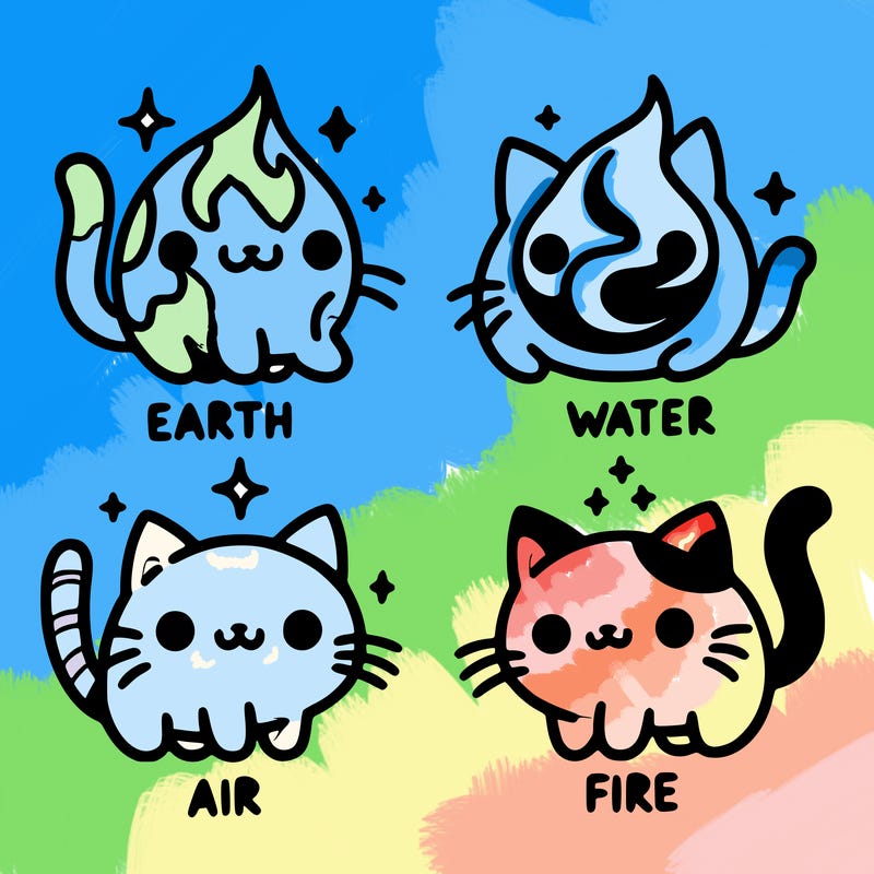 4 cats that represent the different elements, earth, water, air, and fire