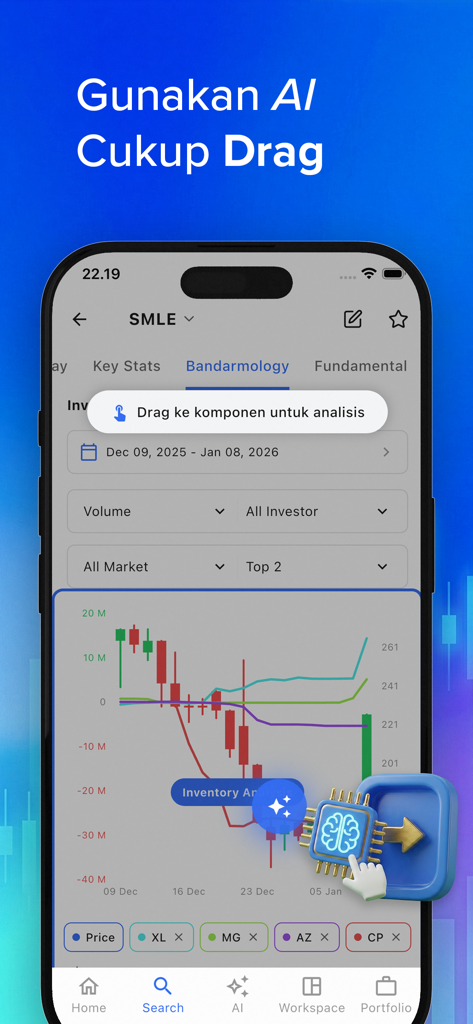 Invezgo - AI Saham - 自動株式分析のためにドラッグされているAIアイコンを表示するInvezgoモバイルアプリインターフェース。