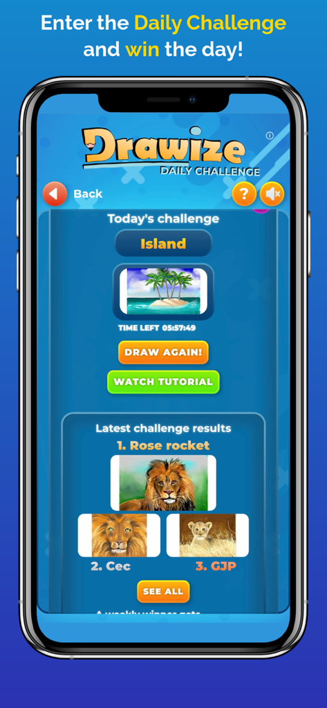Drawize app interface showing the daily drawing challenge screen with a leaderboard of player drawings.