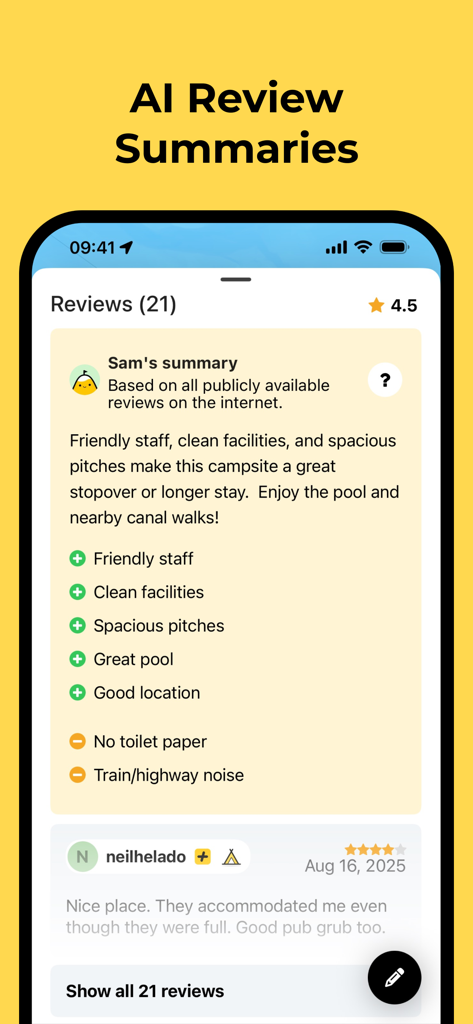 Campy app interface showing AI summaries of user reviews for European campsites