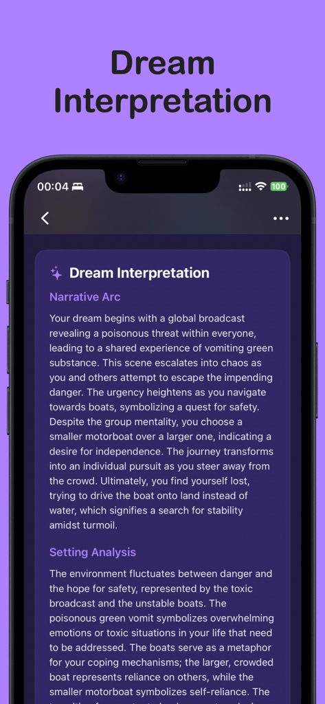 Dream Journal & Interpretation - Smartphone screen showing a detailed dream interpretation with narrative arc and setting analysis