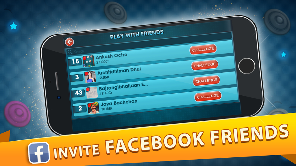 Carrom Live! - Carrom Live app screen showing the option to challenge and invite Facebook friends to play.