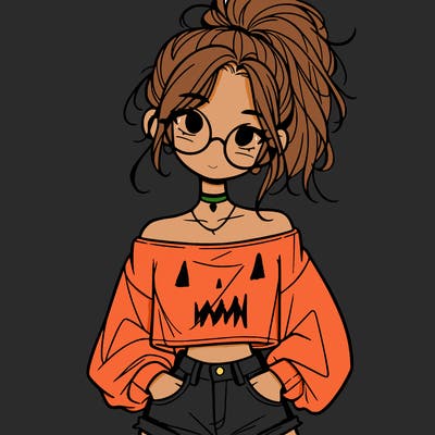 girl with a messy ponytail glasses a baggy crop top and jean shorts