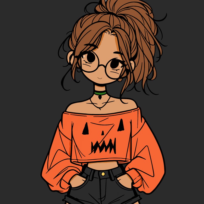 girl with a messy ponytail glasses a baggy crop top and jean shorts