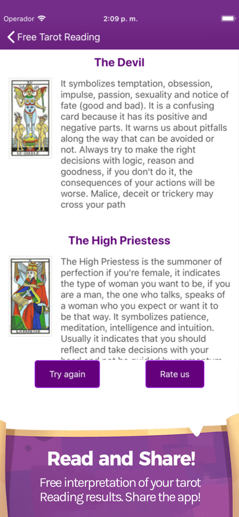 A screenshot of the Tarot Reading app displaying the cards The Devil and The High Priestess with their respective spiritual interpretations