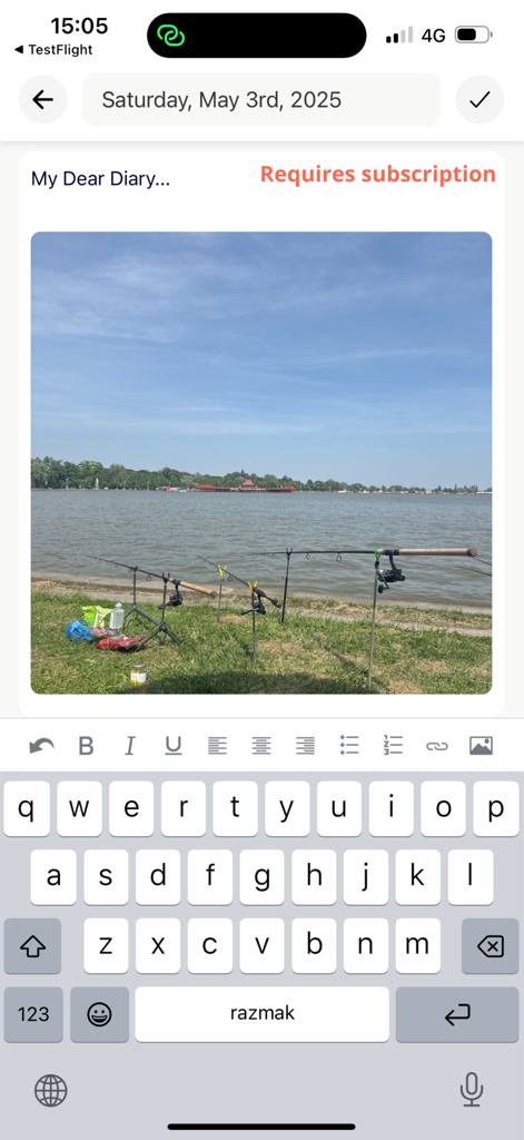 My Dear Diary Journal - A diary entry screen in the My Dear Diary Journal app featuring an attached photo of fishing rods by a lake and a text editing toolbar