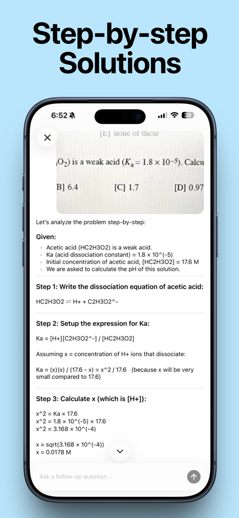 Science AI: Homework Helper - Una pantalla móvil que muestra una solución de química paso a paso para un problema de cálculo de pH dentro de la aplicación Science AI.