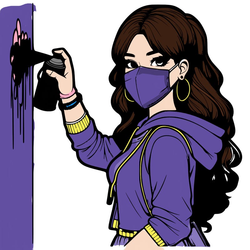 realistic girl with mask spray painting a wall