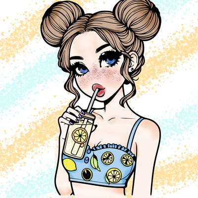 realistic girl with buns and lemon themed makeup drinking lemonade eith a crop top
