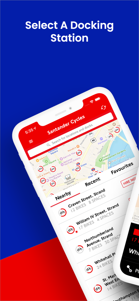 Santander Cycles - Santander Cyclesアプリがロンドンの地図と、利用可能なバイクの数が表示されている近くのドッキングステーションのリストを表示しています