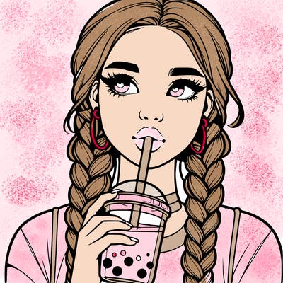 realistic girl with braided hair drinking boba