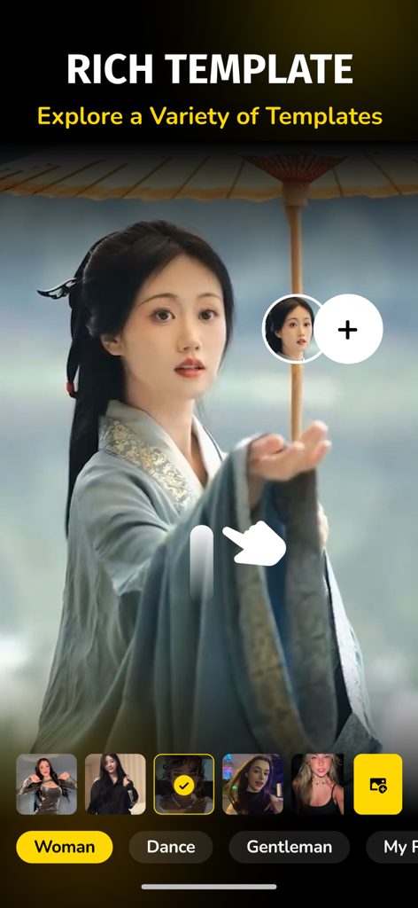 AI Video Face Swap : Deep Swap - Uma mulher em trajes tradicionais em uma tela de modelo de troca de rosto em vídeo por IA