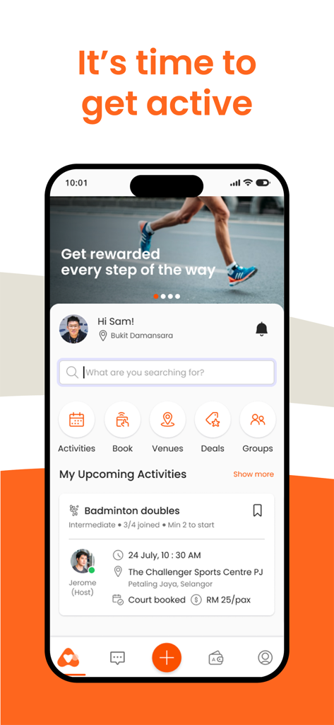 AFA: Meet People, Play Sports - Pantalla de inicio de la aplicación AFA que muestra categorías de reserva deportiva y detalles de actividades próximas