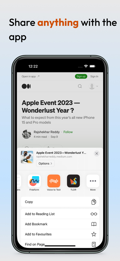 Using the iOS share sheet to send an article to the TLDR summary app