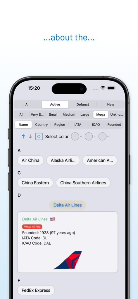 AirlineTrivia app interface showing detailed data for Delta Air Lines including tail logo and technical codes