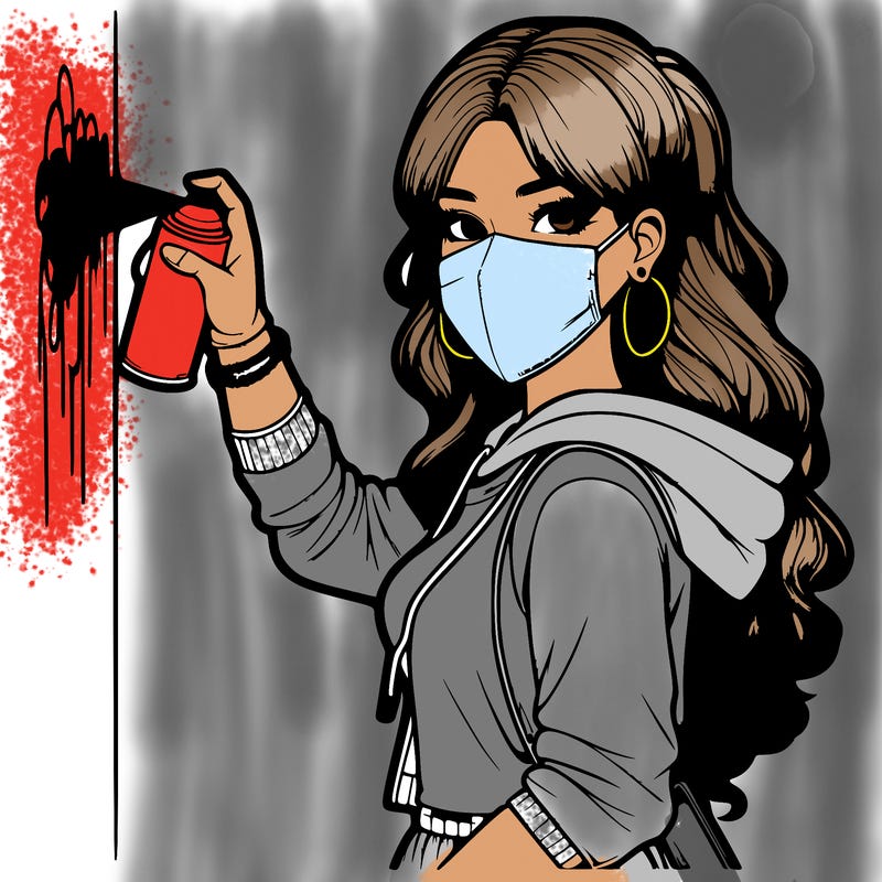 realistic girl with mask spray painting a wall