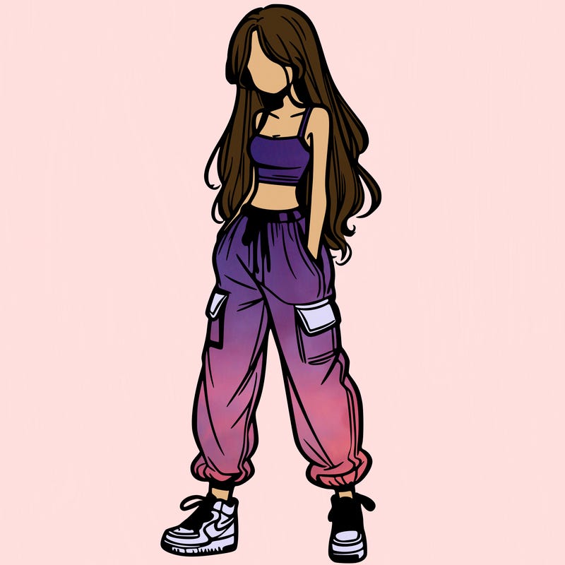 girl in baggy pants crop top and long hair