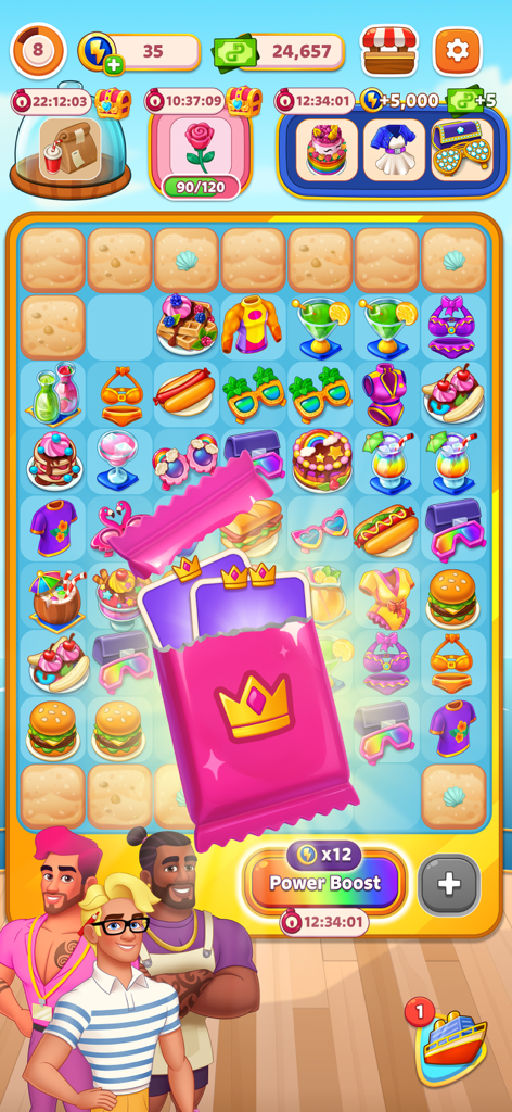Gameplay of Merge Cruise Mystery Puzzle showing a merge board with tropical items and a card reward pack